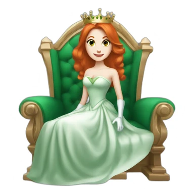 white skin redhead queen with straight hair wearing white gloves on her throne, wearing a green dress sticker