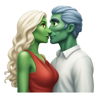 Beatiful tall green skin female reptilian in red dress, kissing white man in blue dress, full figure, full body sticker