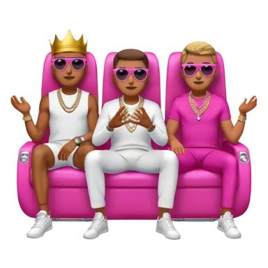 Celebrity millionaire entrepreneur Iman Gadzhi, Daniel G sales, Branden Condy & Alex Hormozi, designer fit, 3 diamond tennis chains, seated on a massive gold throne, sunglasses on, hot pink private jet behind him sticker