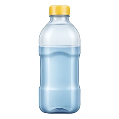 transparent plastic bottle with a curved neck and screw cap, filled with clear liquid, neutral slightly utilitarian shape, multipurpose household use, no label, no measuring cap, no extras, soft lighting, subtle shadows, emoji scale sticker