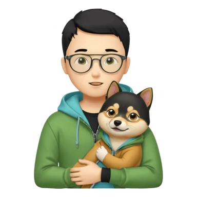 A yellow skin boy, black hair, buzzcut hairstyle, wearing tortoiseshell eyeglasses, green hoodie with zippers, light blue shirt inside, black trousers, black belt, hugging a very cute little black shiba inu sticker