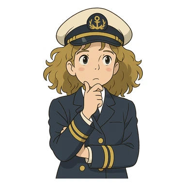ghibli style girl with curly dirty blonde hair, cruise captain outfit, thoughtful questioning pose sticker