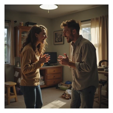 Two people arguing animatedly inside a messy home, angry and frustrated expressions, hyperrealistic details, 4K resolution sticker