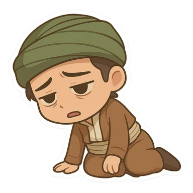 Kurdish sticker, low energy mood, cartoon style, Kurdish person in traditional dress, slouching or lying down, looking drained, no text, suitable for social media sticker