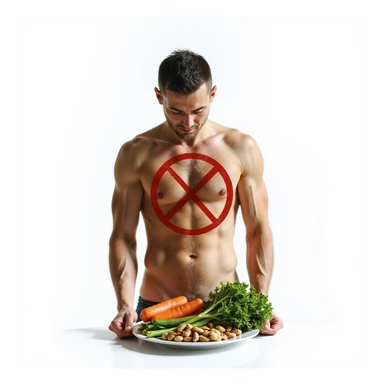 realistic man with untoned physique and slumped posture, plate with only vegetables and a prohibition symbol over olive oil and nuts, atmosphere of deficiency, Italian caption: 'Dieta povera di grassi: salute compromessa', isolated on white background sticker