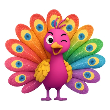 Make the proud peacock funny and flamboyantly gay, featuring rainbow feathers, glitter, and a cheeky wink, in the style of 3D emoji with no background. sticker