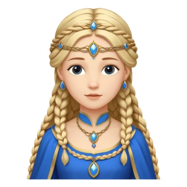 An emoji portrait of a medieval European princess. She wears a long-sleeved bliaut dress in a vibrant blue color, with a delicate golden circlet on her head. Her hair is braided in long tresses, and her expression is gentle and pious. sticker