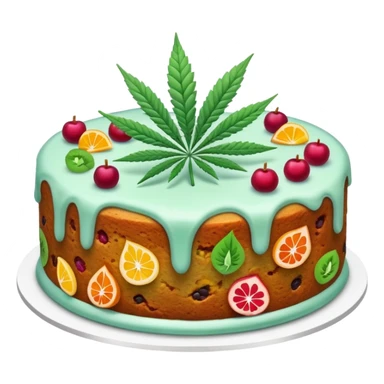 colorful frosted fruit cake with cannabis leaf sticker
