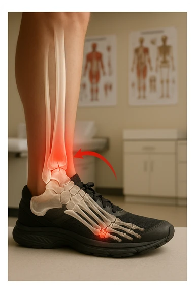 Realistic, vertical medical scene: a runner’s foot and lower leg are shown in profile, with a transparent overlay revealing a small stress fracture in the metatarsal bone. Red highlights and arrows indicate the area of pain and injury. The setting is a medical exam room, with anatomical charts in the background. sticker