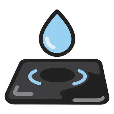water droplet sliding on glossy black mirror-like paint, main color glossy black, subtle repellent effect with water lines moving away, modern and clean icon sticker