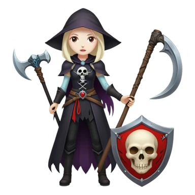 Necromancer girl with scythe and shield, in front of a dead mage sticker