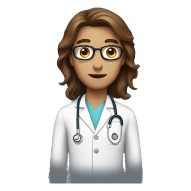 doctor with long brown hair and brown eyes and red face sticker