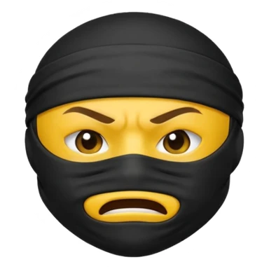 ninja face emoji with black mask fully covering mouth, standard yellow emoji face, black headband, very angry expression sticker