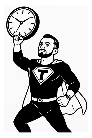 Черное-белая стилистика как на картинке, на которой герой в позе Супермэна с большой буквой Т на груди несет вперед циферблат, прозрачный фон sticker