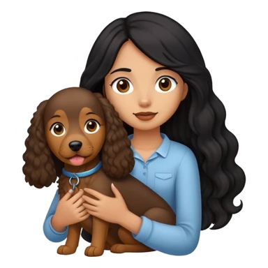 A girl with long straight black hair holding a curly brown giant dog sticker