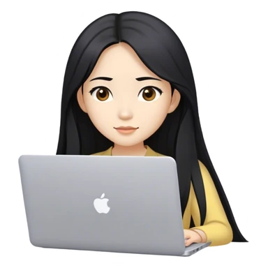 Long hair asian woman working on pale yellow laptop with brown eyes in zoom meeting  sticker