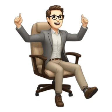 Joyful Celebrating victory Hands up Pale skinned Fit Man With dark brown hair in gray jacket, beige office shirt, Brown pants and vintage glasses sitting In a soft chair sticker
