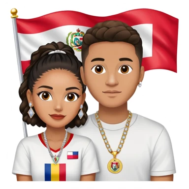 Internet celebrity Josh King Madrid jetset wearing shiny diamond earrings and sparkly iced out diamond tennis necklace chains with tefi valenzuela sitting with him holding Peruvian flag celebrity tv show filming  sticker