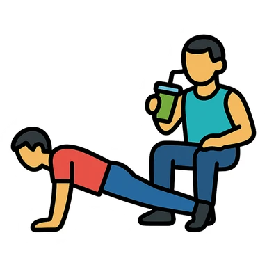 one man doing push-ups, the other man relaxed and drinking a smoothie, icon style, fitness theme, clean lines sticker