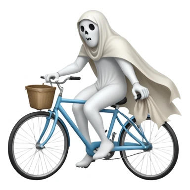 Ghost on bicycle, 3d pictograph, full body, male, arms covered with cloth and invisible, holding handlebars sticker