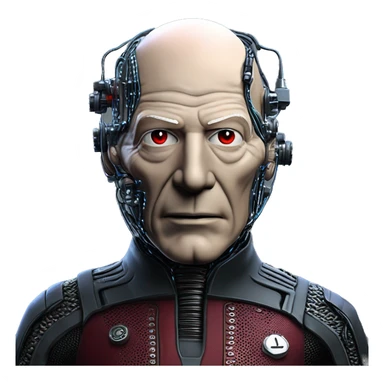 Jean luc picard from Star Trek assimilated by the Borg, with mechanical metal covering the left side of his face, with wires and a red light on the left side. His eyes are blue sticker
