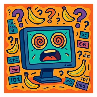 computer monitor with face, eyes spinning in spirals, floating question marks, bananas, random code snippets, colorful exaggerated comic style, representing AI confusion and madness sticker