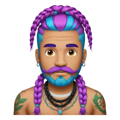 big lose braids starting from the top sides of the head hair like a unicorn man with mustache face wiith big visible loose only two braids and lots and lots of colored face tattoos colored tattoos like a tattoo artist hair unique color and beard sticker