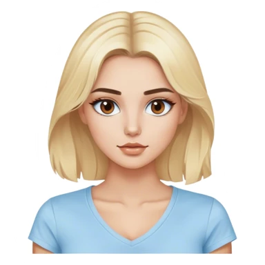 Blonde model with brown eyes, light blue cottons v-neck tee, luxury makeup sticker