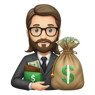 Un emprendedor (emoji con ordenador) de unos 50 años con barba y pelo largo más gafas de pasta y con un icono de ordenador y una bolsa de dinero sticker