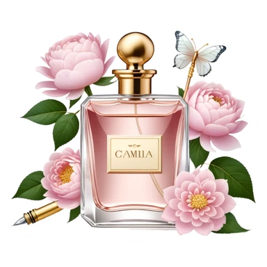 A delicate glass perfume bottle with a golden atomizer, surrounded by soft pink roses, white peonies, and dahlias, as pearl butterflies reflect beautifully in the crystal surface.
 sticker