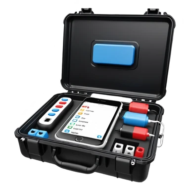 An open, black outdoor test case.Interior: control panel with colored test jacks, USB ports, and a power outlet. A red test probe is located next to it. On the left side of the case is a large roll of white, round test labels displaying QR codes. A blue cable leads out of the side of the case. sticker