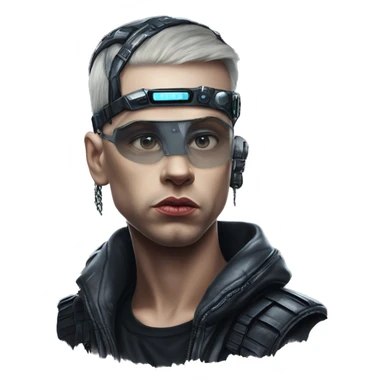 Cyberpunk Eminem in bladerunner style, oil paint, epic eyes, intricate lips, exquisite pose, beautiful, desirable, logical sticker