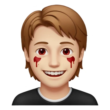 парень с русыми волосами средней длины; белая кожа; белые глаза; открытая улыбка, где на зубах кровь;  sticker