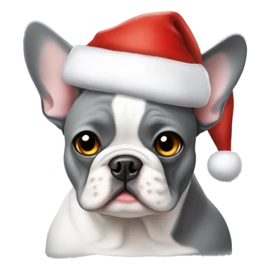 Grey and white pied French bulldog wearing Santa hat sticker