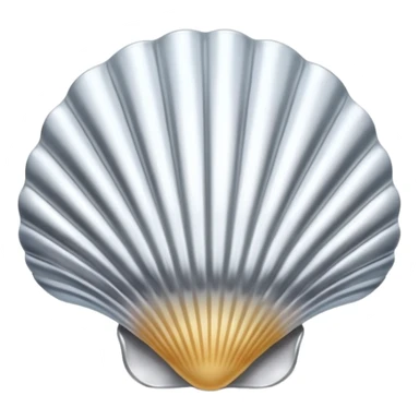 A seashell emoji made of polished silver chrome, smooth curved surface, reflective metallic highlights, elegant minimal design, iOS emoji style, centered, clean white background, soft lighting sticker