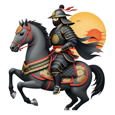 clash-of-clans-aesthetic_-cinematic-fearsome-and-majestic-samurai-bust-portrait-emoji, rendered in a flat, vector-style with minimal shading and bold, simplified shapes typical of emoji art, depicting a battle-hardened samurai with black mask and traditional black Japanese armor. The samurai is riding a noble grey warhorse adorned with an intricately designed saddle and fluttering banners and a rising sun. a samurai on a   horse sticker