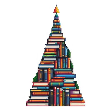 A mountain peak made entirely of colorful stacked books reaching high sticker