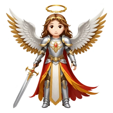  The angel has long brown hair surrounded by a golden halo and large white-and-orange feathered wings, wearing ornate silver armor with gold accents and a red sash. In its right hand it grips a white sword upright, while its left hand rests near the hilt of another weapon at its sid  sticker
