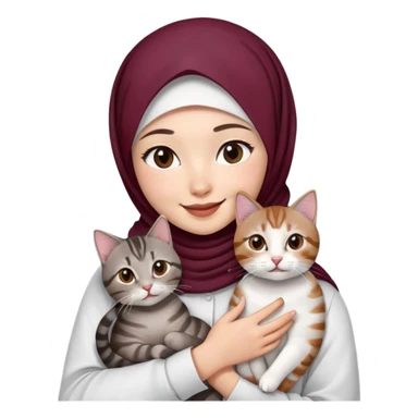 Asian white Girl wearing dark maroon hijab with white shirt smiling while holding a black brown grey tabby cat sticker