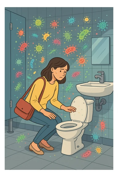 Donna che usa bagni pubblici ma in aria è pieno di virus e batteri sticker