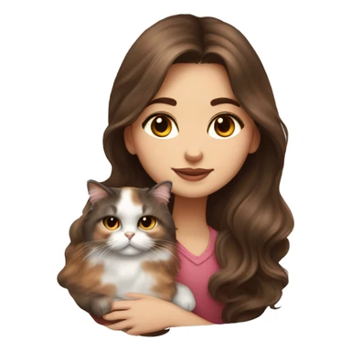 brunette girl with long wavy hair snuggling Calico Persian cat sticker