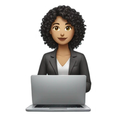 curly dark haired woman with a laptop sticker