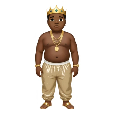 Biggie Smalls with ivory sequin baggy pants, shirtless with necklace sticker