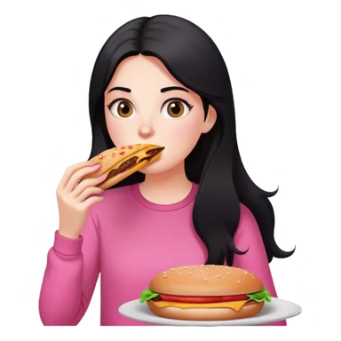 White girl in pink clothes and long black hair eating burger and pizza sticker