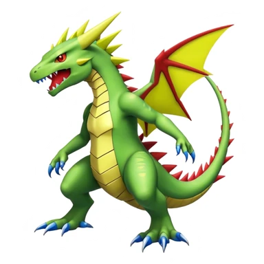 Cool edgy shiny Guilmon-Flygon-Tyranitar-Drudigon-Digimon-hybrid-fusion, yellow belly, full body sticker