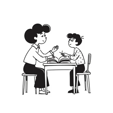 educator or speech therapist with child, who helps child with lessons sitting at the table sticker