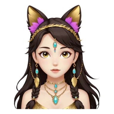 Beautiful gorgeous anime lady with beautiful dark-brown-special-hair, fashion aesthetic, ethereal, feather, accessories, gold jewelries, gold, colorful, feline ears sticker
