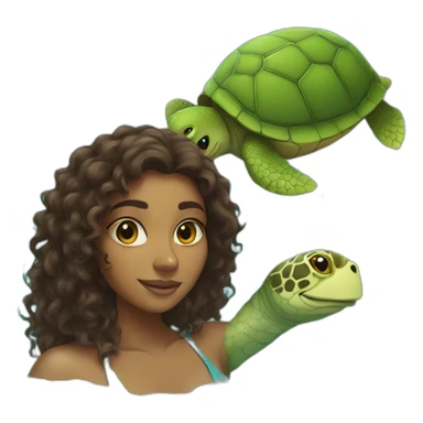 Indian woman with curly hair swimming with a turtle sticker