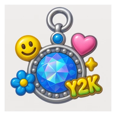 convert to a Y2K style charm: add a silver jump ring to the top for attaching to a bracelet or necklace, keep the holographic diamond, blue sapphire accent, and playful Y2K details, 3D emoji style sticker
