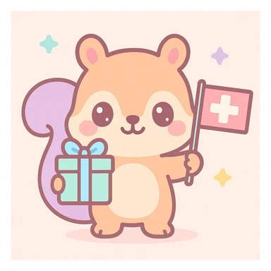 squirrel holding a gift in one hand and a Swiss flag in the other, kawaii style sticker